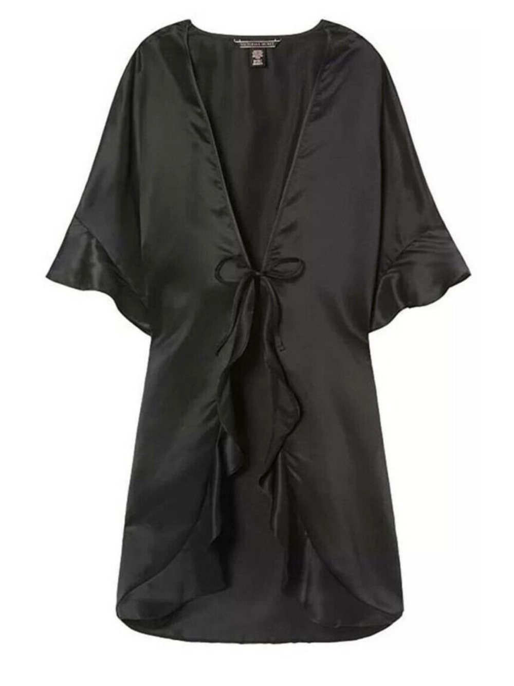 💋Victoria’s Secret Women’s Black Satin Flounce Kimono Robe Lingerie Mobwife OS